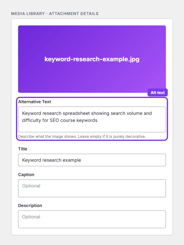 WordPress media library attachment details with the Alternative Text field highlighted