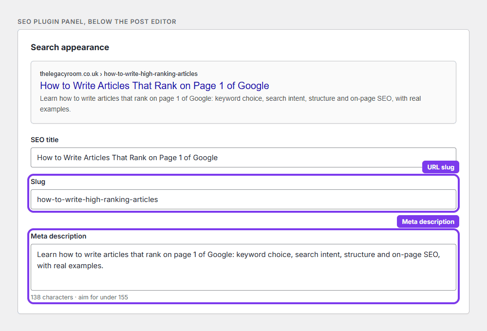 SEO plugin panel showing where to edit the URL slug and the meta description, with a Google search preview