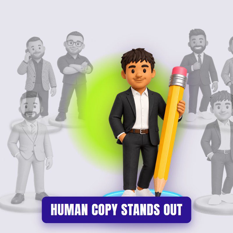 One colourful Legacy Room character with a giant pencil standing out from a crowd of grey look-alikes: human copy stands out