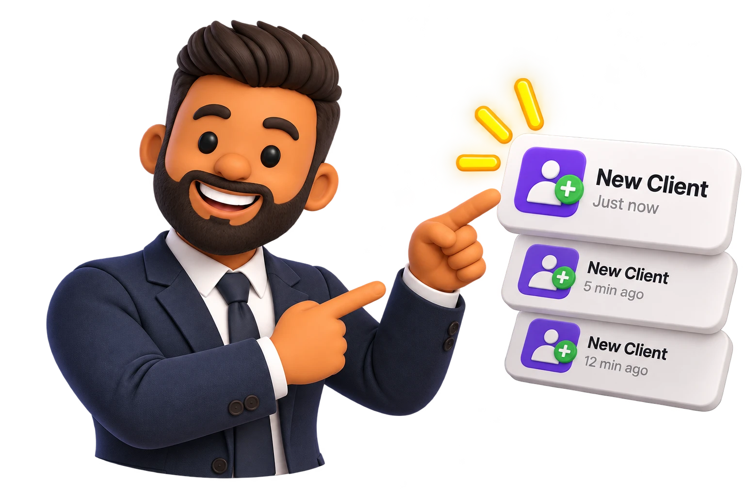 Legacy Room tutor pointing at a stack of new client notifications