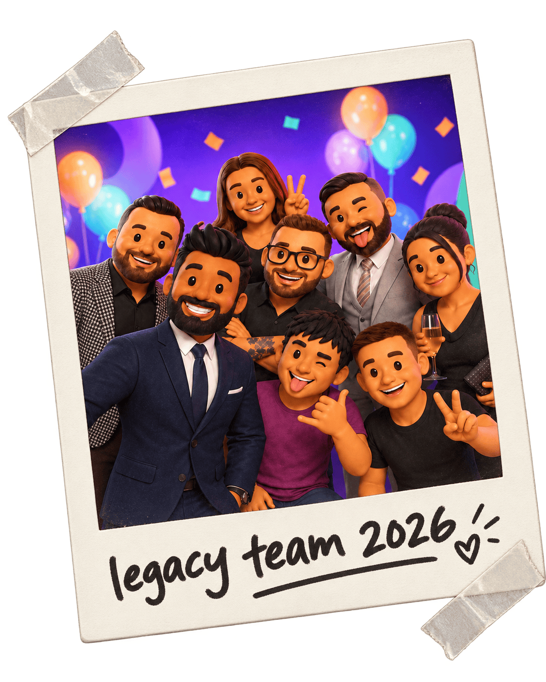 The Legacy Room team in a colourful celebration polaroid