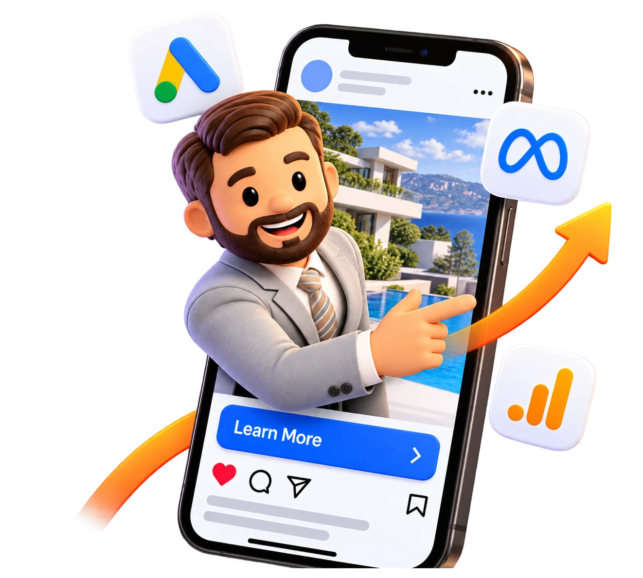 Legacy Room tutor leaning out of a phone ad pointing at the Learn More button, with Google Ads, Meta and analytics icons