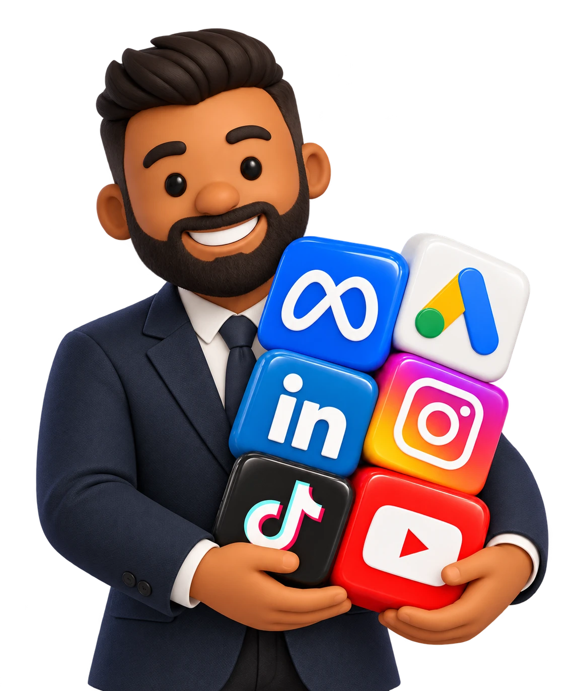 Legacy Room tutor holding Meta, Google Ads, LinkedIn, Instagram, TikTok and YouTube icons