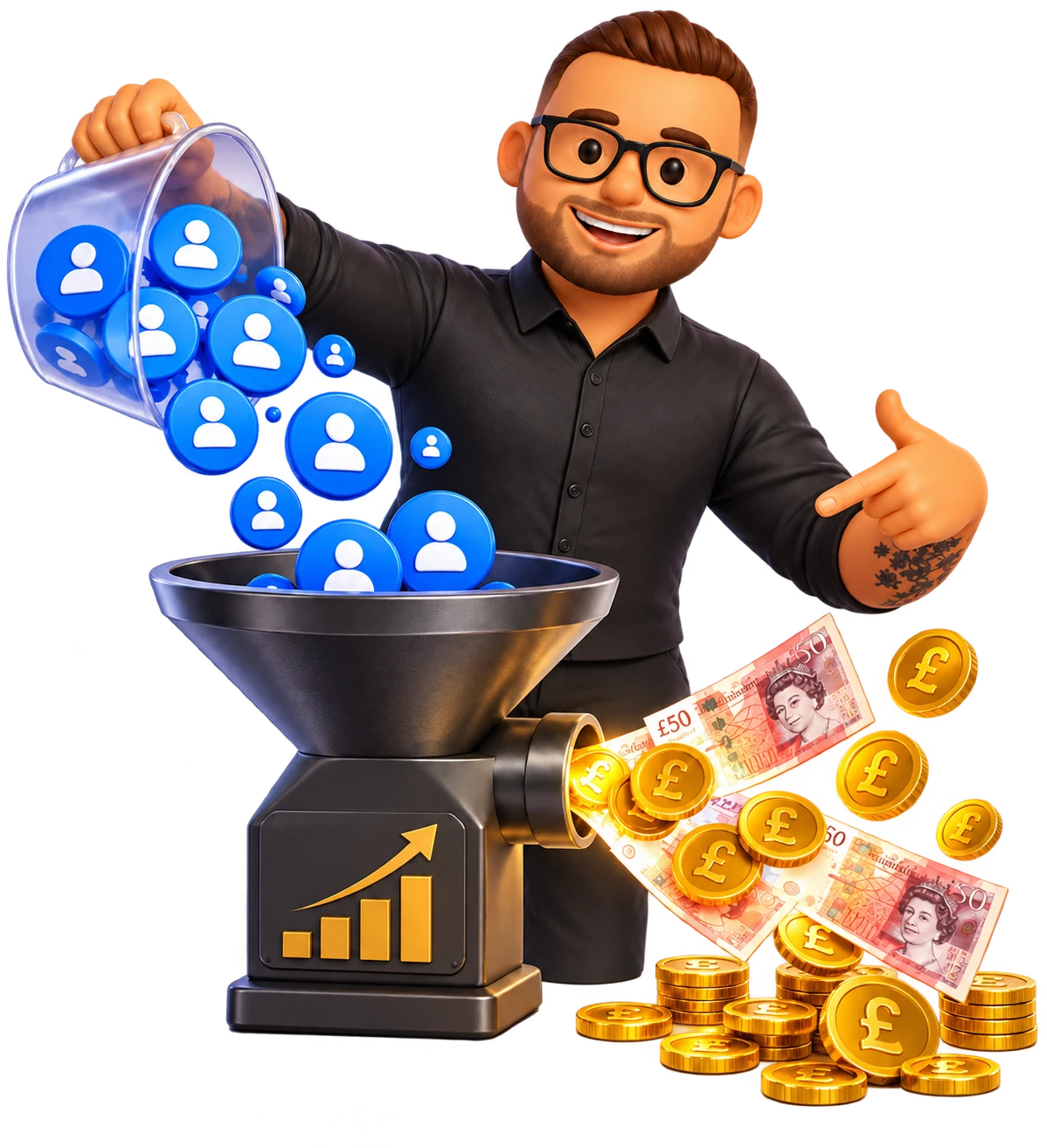 Legacy Room tutor pouring followers into a machine that turns them into pound notes and coins