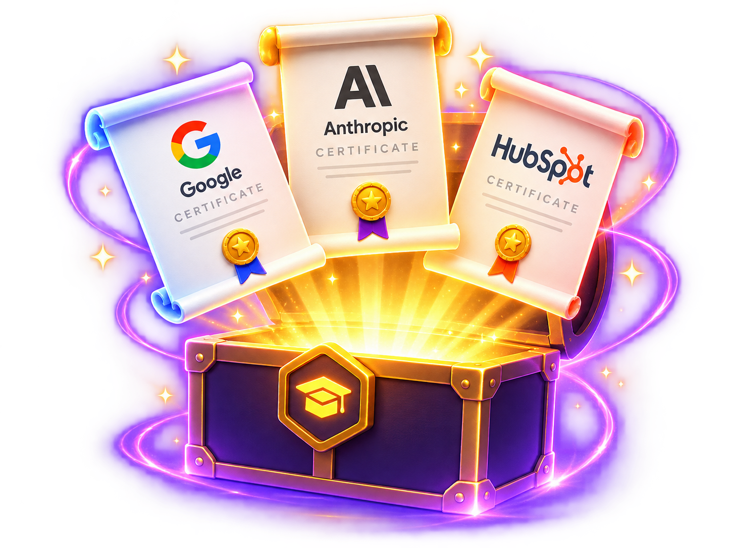 Glowing certificate chest with Google, Anthropic and HubSpot certificate scrolls
